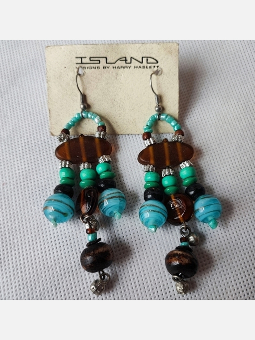 Harry Haslet Brown Turquoise Venetian Glass Tortoise Beaded Island Earrings NOC